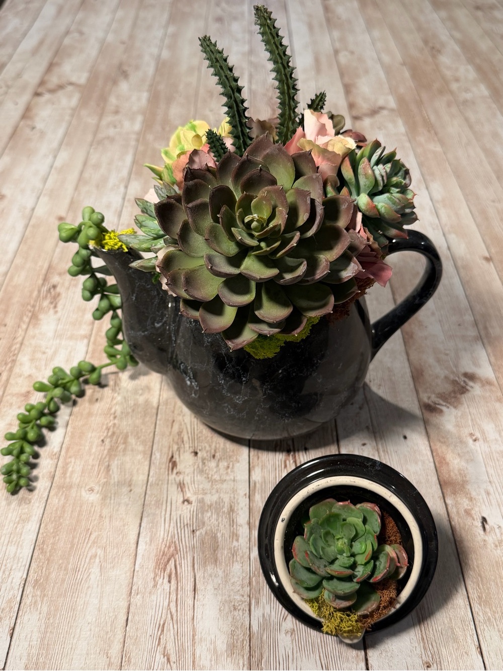 Black Ceramic Teapot Planter with Pink-Green Faux Succulent Arrangement
